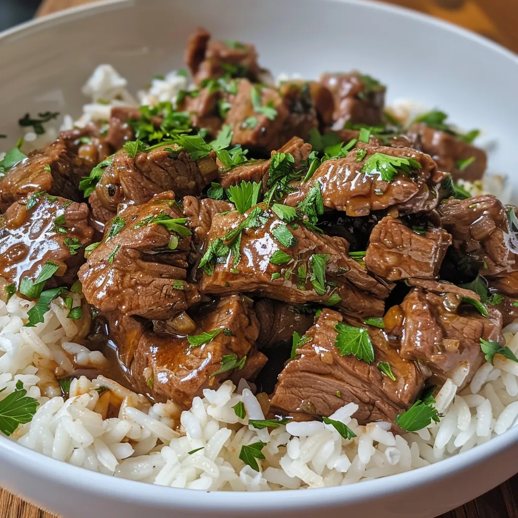 A close-up view of tender beef tips served over white rice, garnished with fresh parsley.