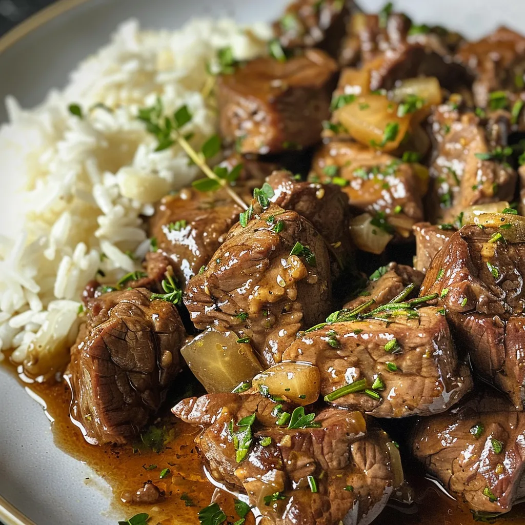 Juicy beef tips in a savory sauce atop fluffy rice, with a side of herbs for garnish.