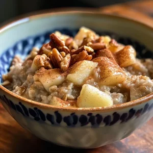 ['Close-up of a bowl of Apple Cinnamon Oatmeal topped with chopped apple and pecans.', 'Side view of creamy Apple Cinnamon Oatmeal with visible chunks of apple and almond butter.', 'Textured image of Apple Cinnamon Oatmeal featuring protein powder and a sprinkle of spices.', 'Delicious serving of Apple Cinnamon Oatmeal with a focus on its rich, appetizing colors.']