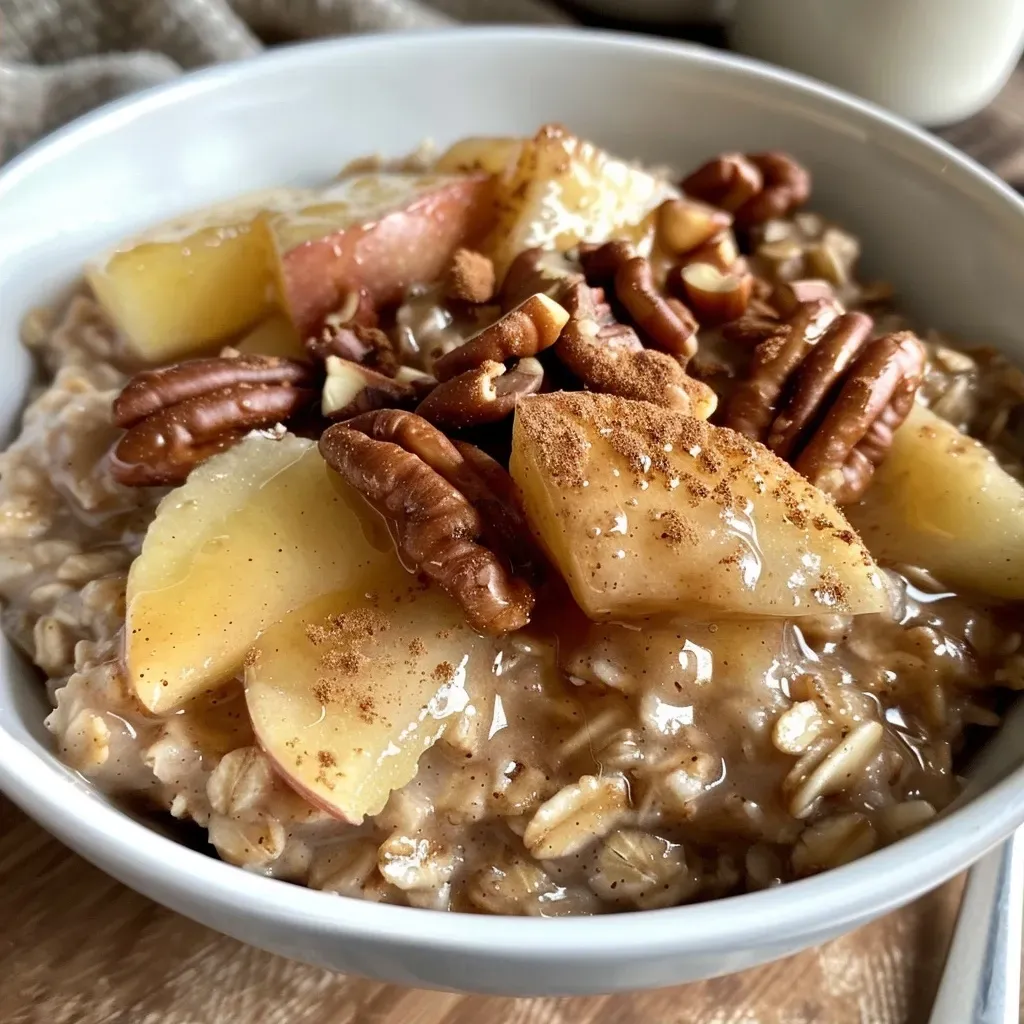 ['Close-up of a bowl of Apple Cinnamon Oatmeal topped with chopped apple and pecans.', 'Side view of creamy Apple Cinnamon Oatmeal with visible chunks of apple and almond butter.', 'Textured image of Apple Cinnamon Oatmeal featuring protein powder and a sprinkle of spices.', 'Delicious serving of Apple Cinnamon Oatmeal with a focus on its rich, appetizing colors.']