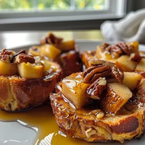 Close-up view of Apple Pecan French Toast Cups with a soft, golden crust and visible apple pieces.