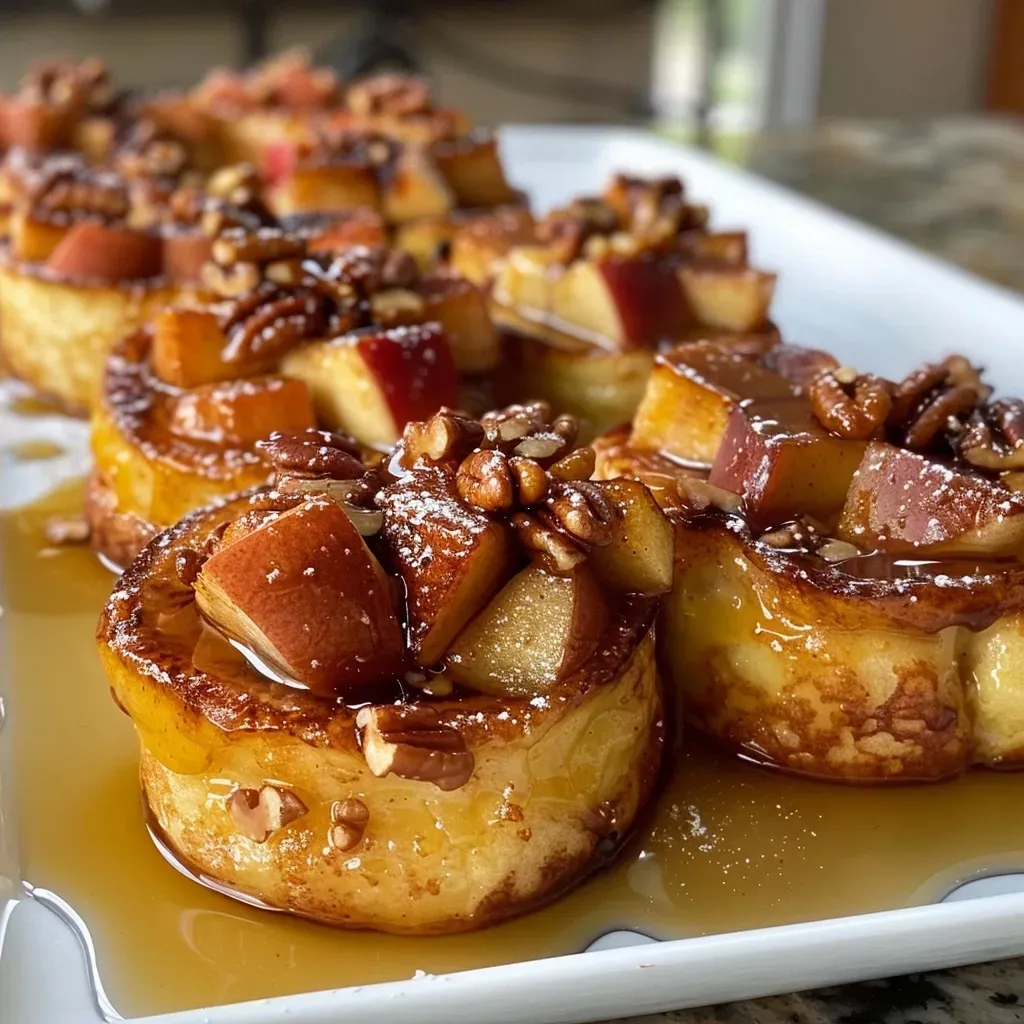 Side view of baked Apple Pecan French Toast Cups showcasing a fluffy texture and pecan topping.