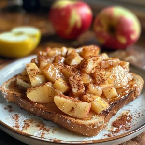 Close-up view of a slice of toasted bread topped with apple pie filling and yogurt.