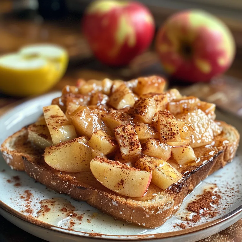 Close-up view of a slice of toasted bread topped with apple pie filling and yogurt.