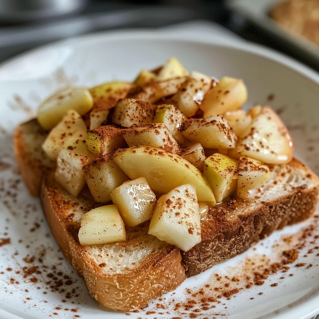 Side view of a delicious apple pie toast, showcasing diced apples and yogurt on toasted bread.