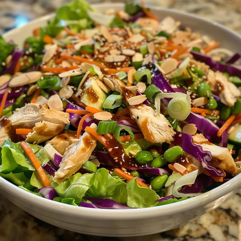 Delicious Asian Chicken Salad with shredded cabbage, carrots, chicken, and crispy wonton strips.