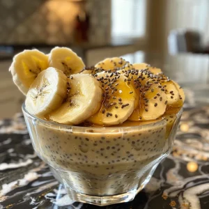 Close-up view of a creamy Banana Chia Honey Milk Pudding in a glass bowl.