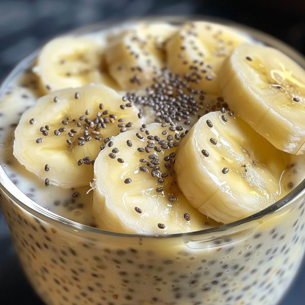 Side view of a delectable Banana Chia Honey Milk Pudding topped with banana slices.