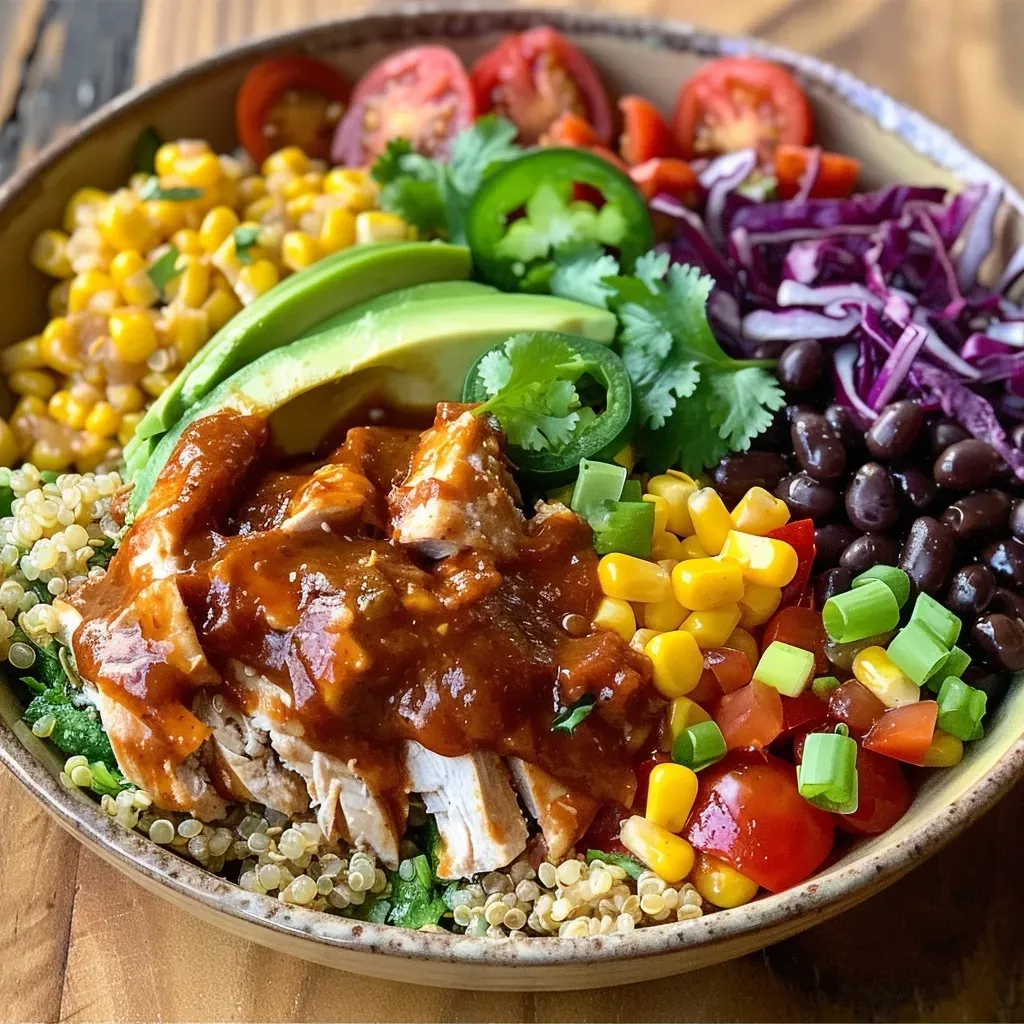 ['Close-up of BBQ Ranch Chicken Quinoa Bowl with vibrant ingredients.', 'Side view of a colorful quinoa bowl featuring BBQ chicken and fresh toppings.', 'Delicious quinoa bowl filled with BBQ chicken, beans, and vegetables.', 'A healthy BBQ Ranch Chicken Quinoa Bowl decorated with fresh herbs and toppings.']