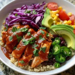 A vibrant bowl filled with BBQ Ranch Chicken Quinoa, garnished with fresh cilantro and sliced avocado.