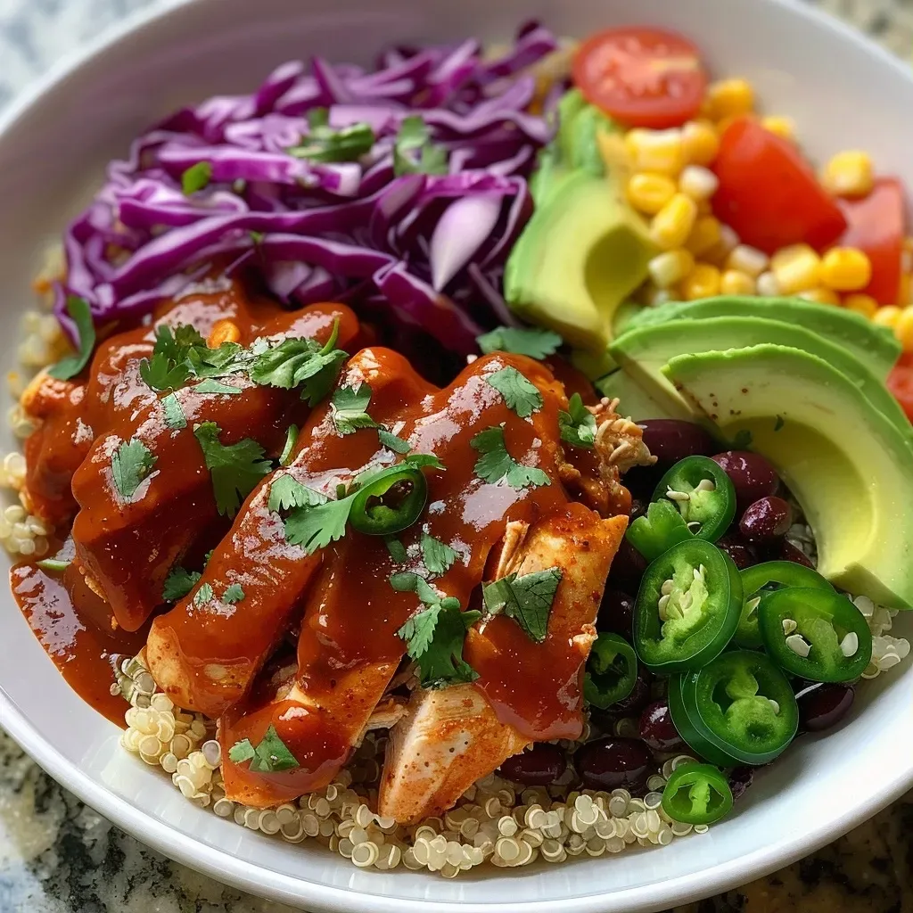 A vibrant bowl filled with BBQ Ranch Chicken Quinoa, garnished with fresh cilantro and sliced avocado.