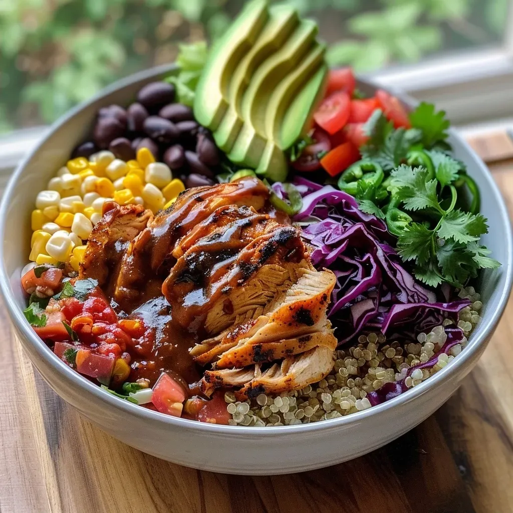 ['Close-up of BBQ Ranch Chicken Quinoa Bowl with vibrant ingredients.', 'Side view of a colorful quinoa bowl featuring BBQ chicken and fresh toppings.', 'Delicious quinoa bowl filled with BBQ chicken, beans, and vegetables.', 'A healthy BBQ Ranch Chicken Quinoa Bowl decorated with fresh herbs and toppings.']