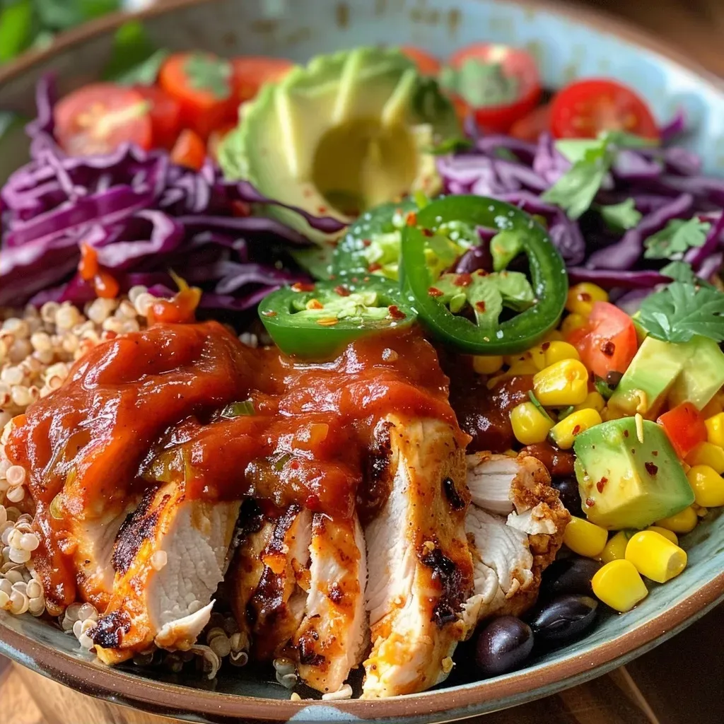 A close-up view of a quinoa bowl featuring shredded chicken, black beans, and colorful vegetables.