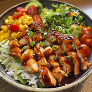 Close-up of a BBQ Ranch Chicken Rice Bowl with colorful toppings.