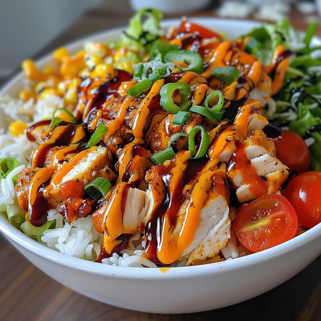 Side view of a bowl filled with chicken, rice, lettuce, and tomatoes.