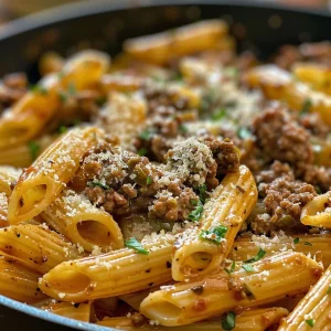 Close-up view of Beef and Garlic Butter Pasta, showcasing juicy ground beef and glossy sauce.