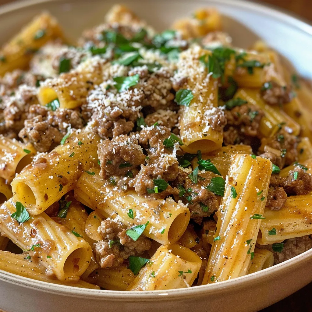 Side angle of a bowl filled with Beef and Garlic Butter Pasta, featuring glistening noodles and herbs.