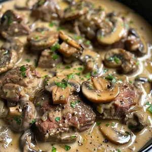 Close-up of juicy beef sirloin in creamy mushroom sauce.