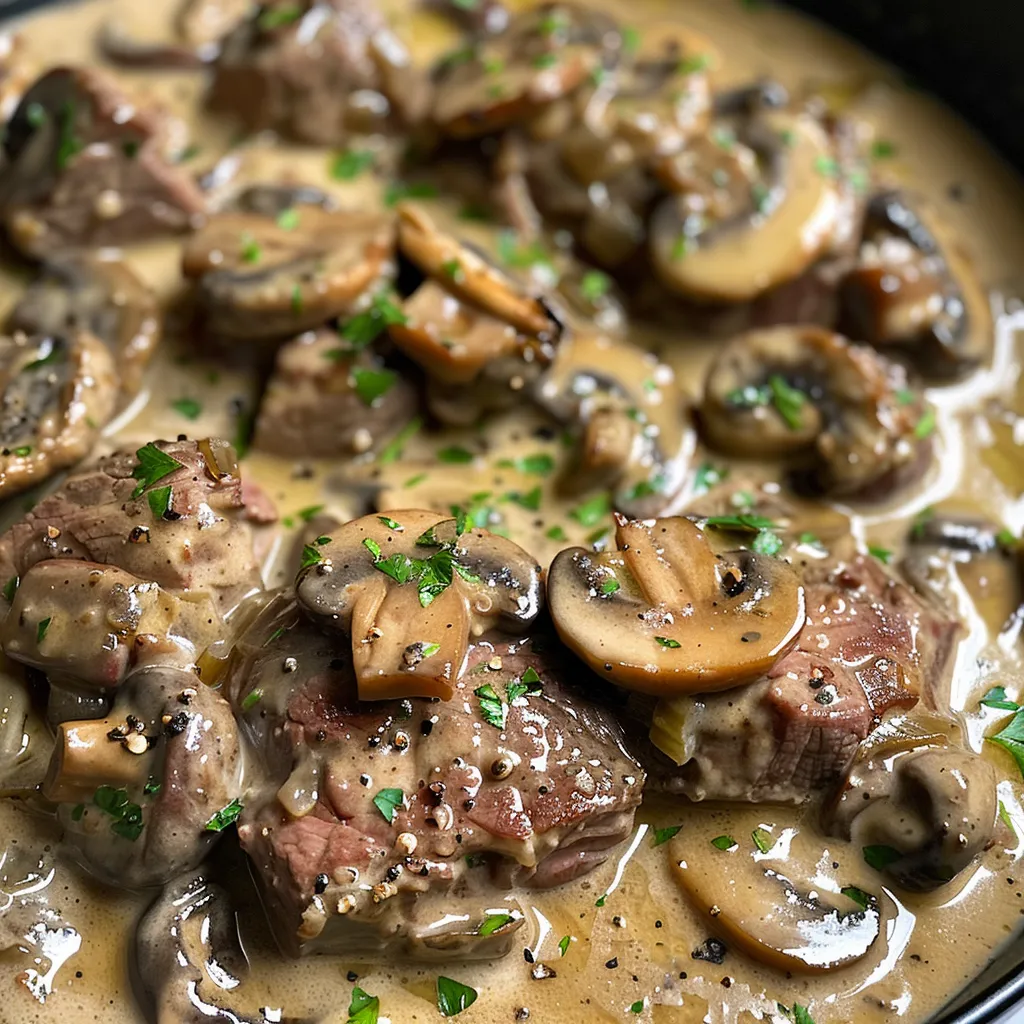 Close-up of juicy beef sirloin in creamy mushroom sauce.