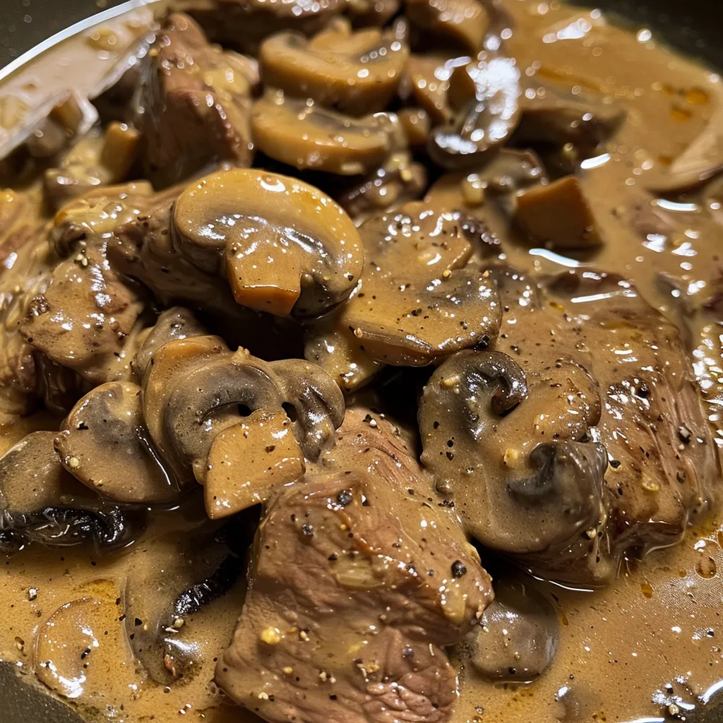 Side view of tender beef coated in a rich mushroom sauce.