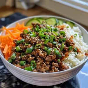 A close-up side view of a delicious Beef Teriyaki Bowl featuring ground beef, colorful vegetables, and rice.