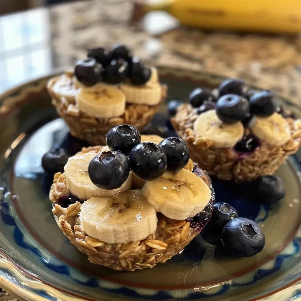 Side view of baked oatmeal cups with blueberries and bananas.