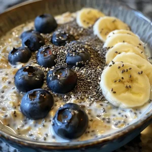 Close-up of Blueberry Banana Overnight Oats in a clear jar with fresh blueberries on top.