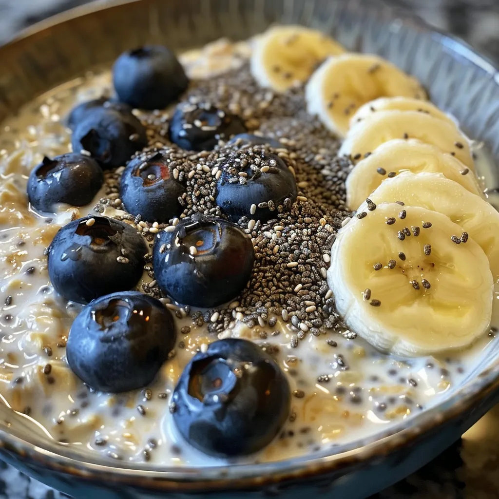 Close-up of Blueberry Banana Overnight Oats in a clear jar with fresh blueberries on top.
