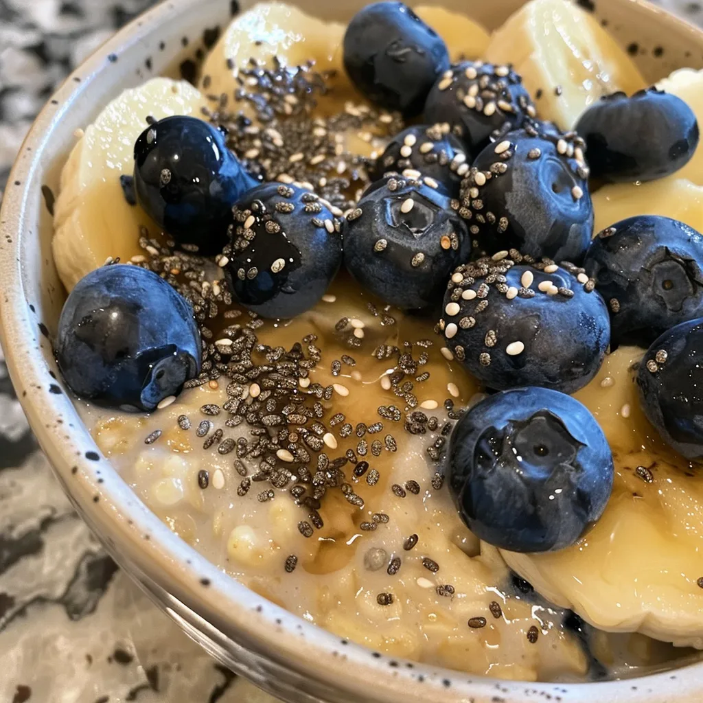 Side view of a serving of Blueberry Banana Overnight Oats, highlighting the layers of oats and yogurt.