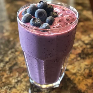 Close-up view of a blueberry coconut protein smoothie in a glass.
