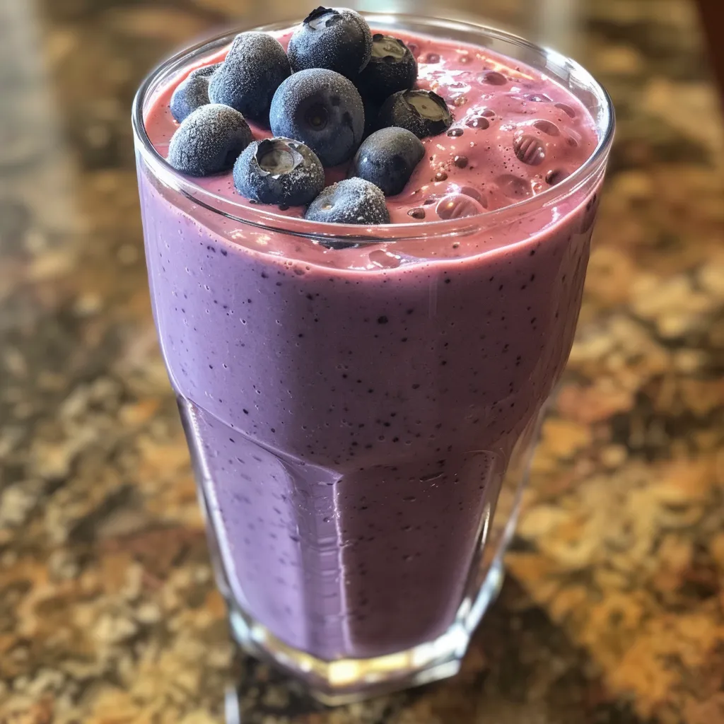Close-up view of a blueberry coconut protein smoothie in a glass.