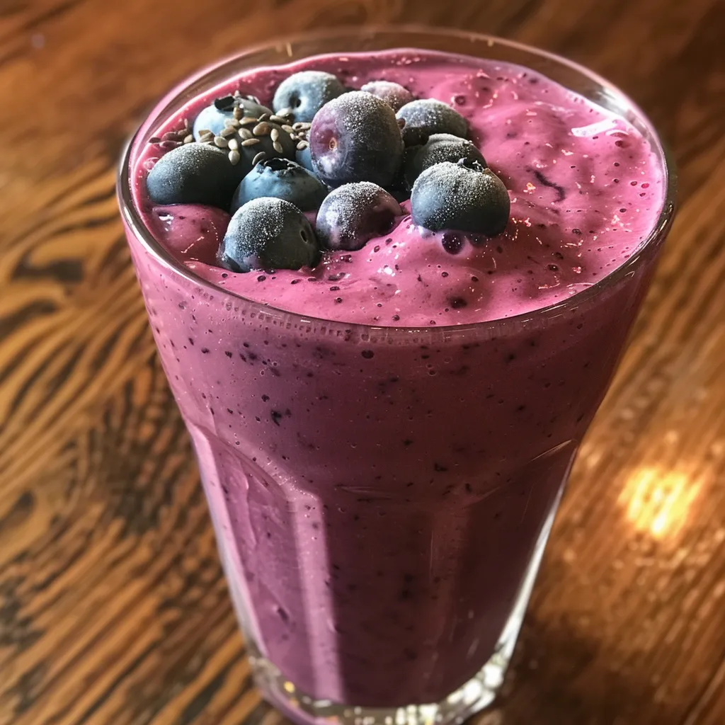 Side view of a vibrant blueberry coconut smoothie with fresh ingredients.