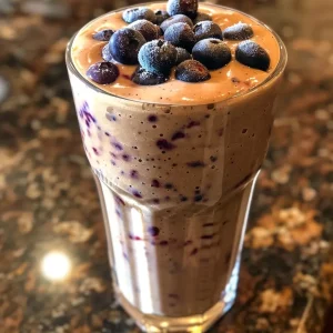 A close-up view of a Blueberry Peach Smoothie in a glass with fresh blueberries and peach slices beside it.