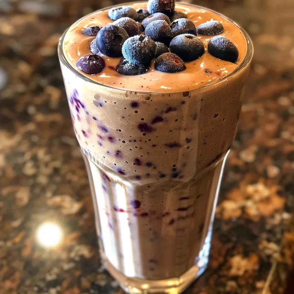 A close-up view of a Blueberry Peach Smoothie in a glass with fresh blueberries and peach slices beside it.