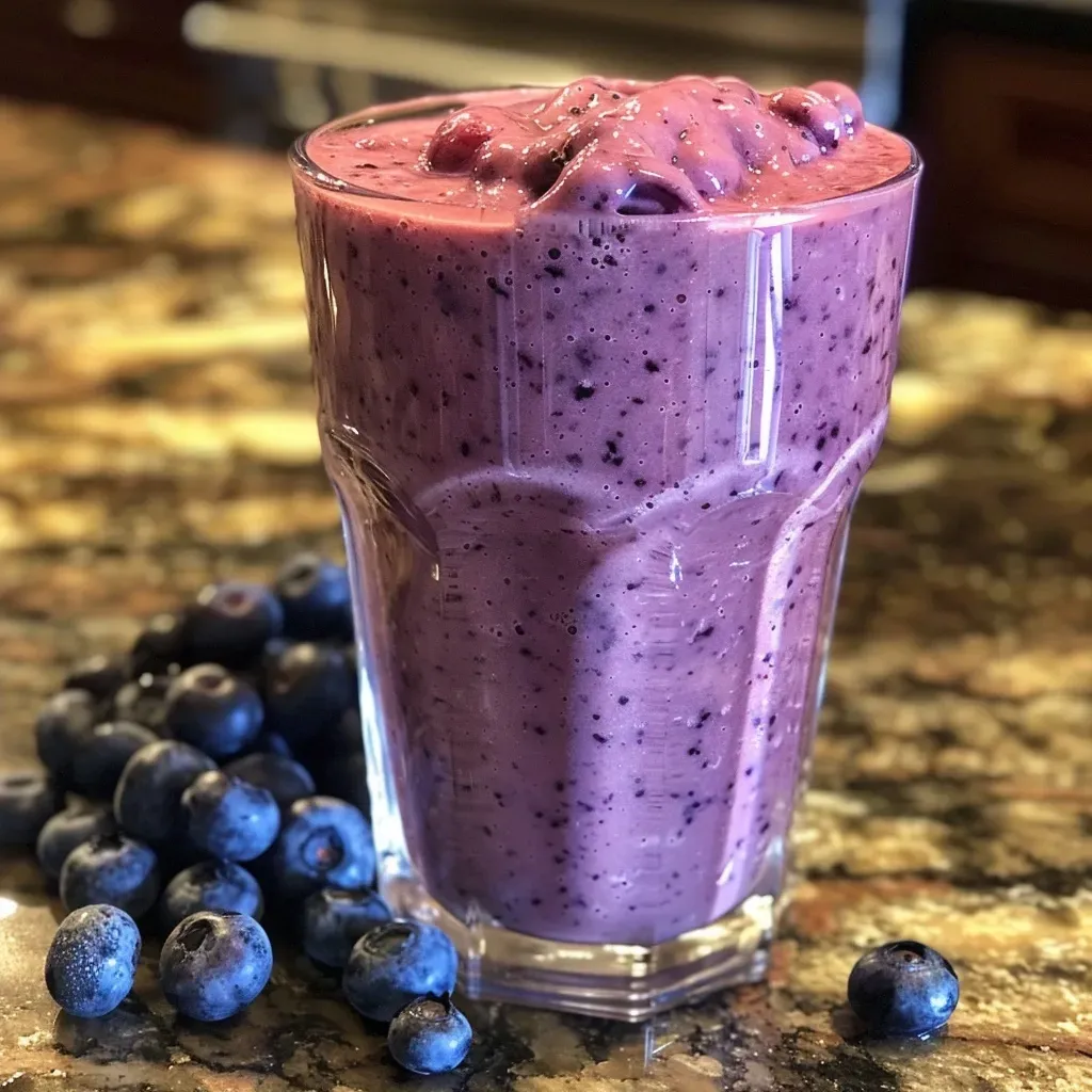 Side view of a vibrant Blueberry Peach Smoothie in a clear glass, adorned with fruits on a wooden table.