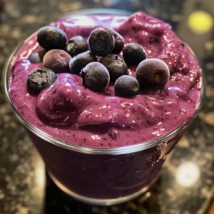 Close-up of a creamy blueberry smoothie in a glass, with fresh blueberries scattered around.
