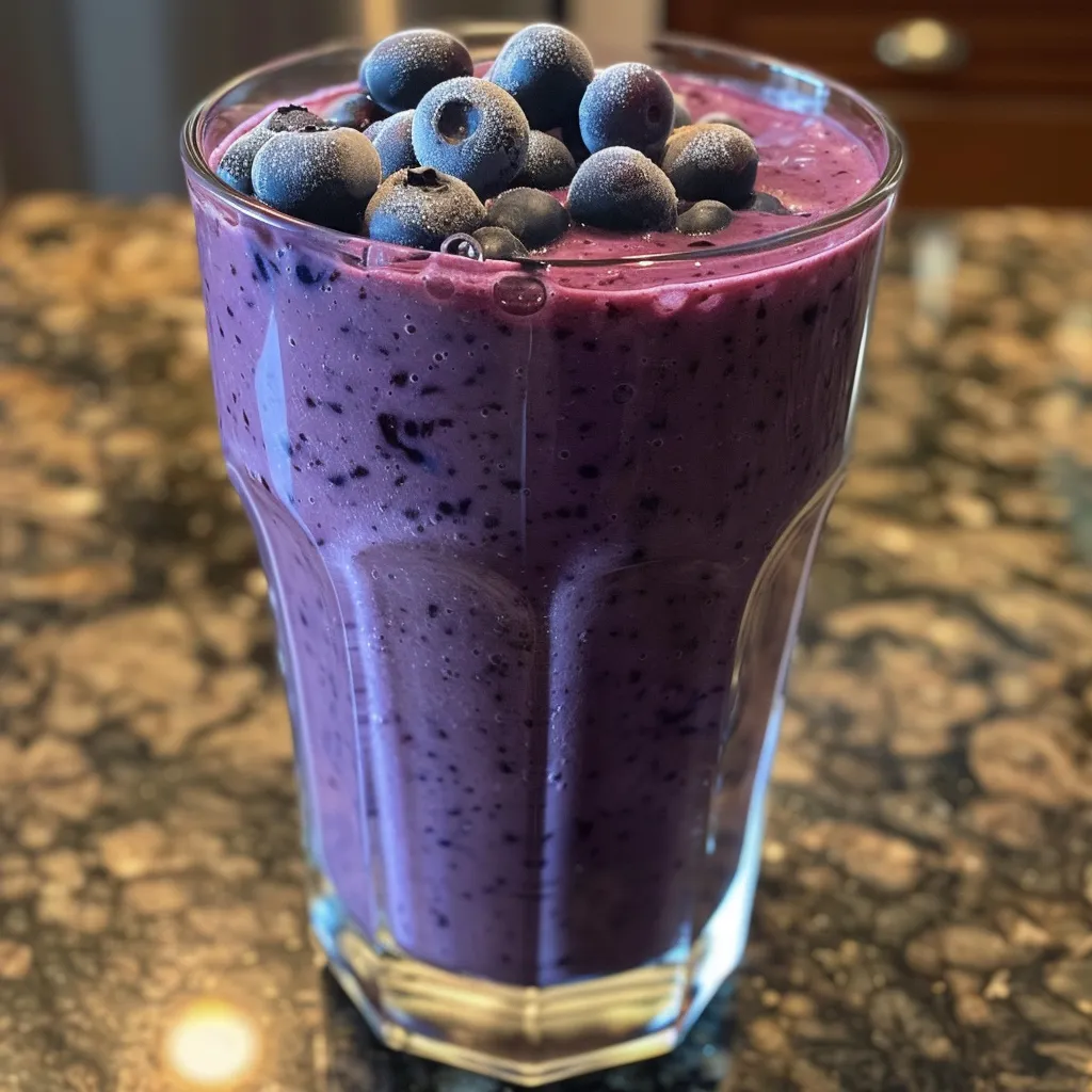 Side view of a delicious blueberry smoothie, garnished with blueberries and a straw.