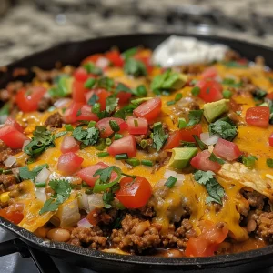 A close view of a colorful burrito skillet topped with cheese, avocado, and green onions.