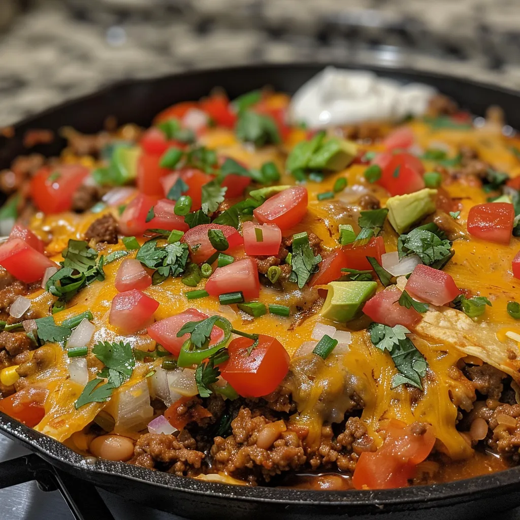 A close view of a colorful burrito skillet topped with cheese, avocado, and green onions.