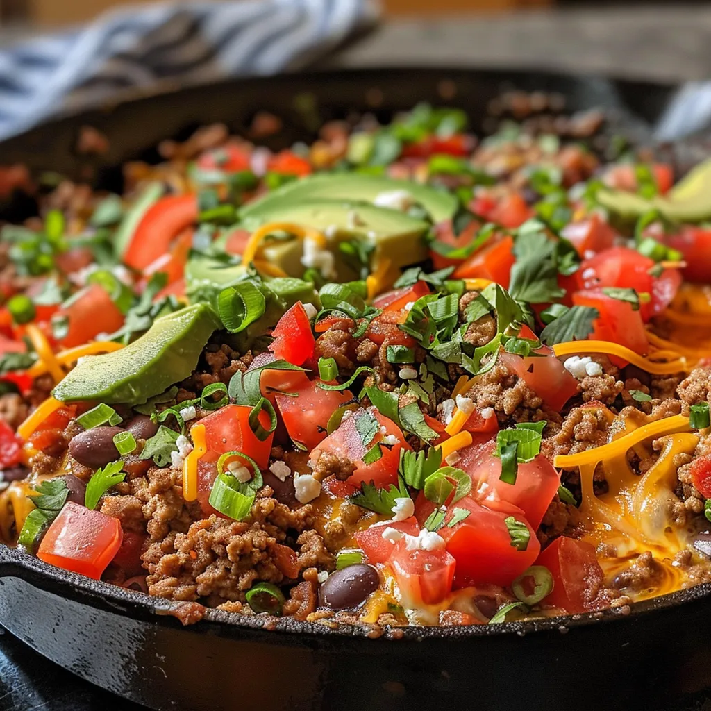 A vibrant burrito skillet featuring ground beef, beans, and tortilla wedges garnished with sour cream.