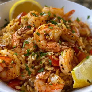Close-up of Cajun Garlic Paprika Shrimp and Rice with colorful peppers.