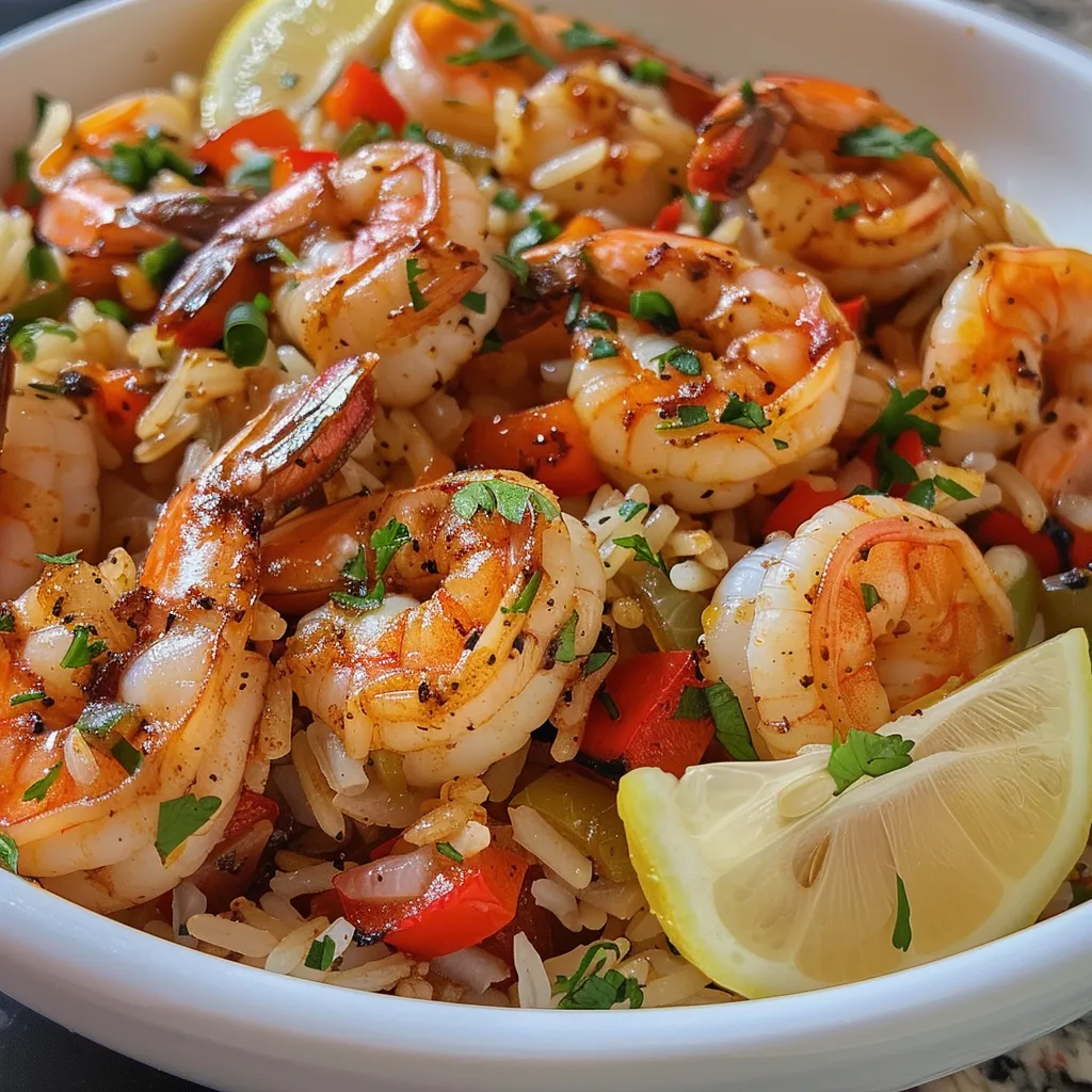 Juicy shrimp and rice dish garnished with parsley and lemon.