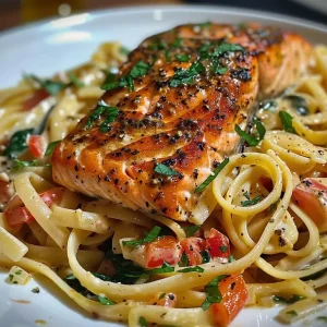 Close-up view of Cajun salmon pasta with red bell peppers and spinach.