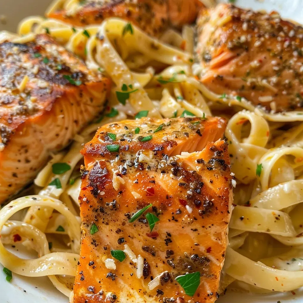 Juicy Cajun salmon fillets served over fettuccine with a creamy sauce.