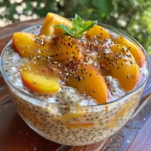['Close-up of a creamy chia seed peach pudding in a bowl.', 'Side view of peach pudding with chia seeds, garnished with diced peaches.', 'Juicy chia seed pudding featuring fresh peach pieces and creamy texture.', 'Delicious chia pudding made with peaches, honey, and a sprinkle of cinnamon.']
