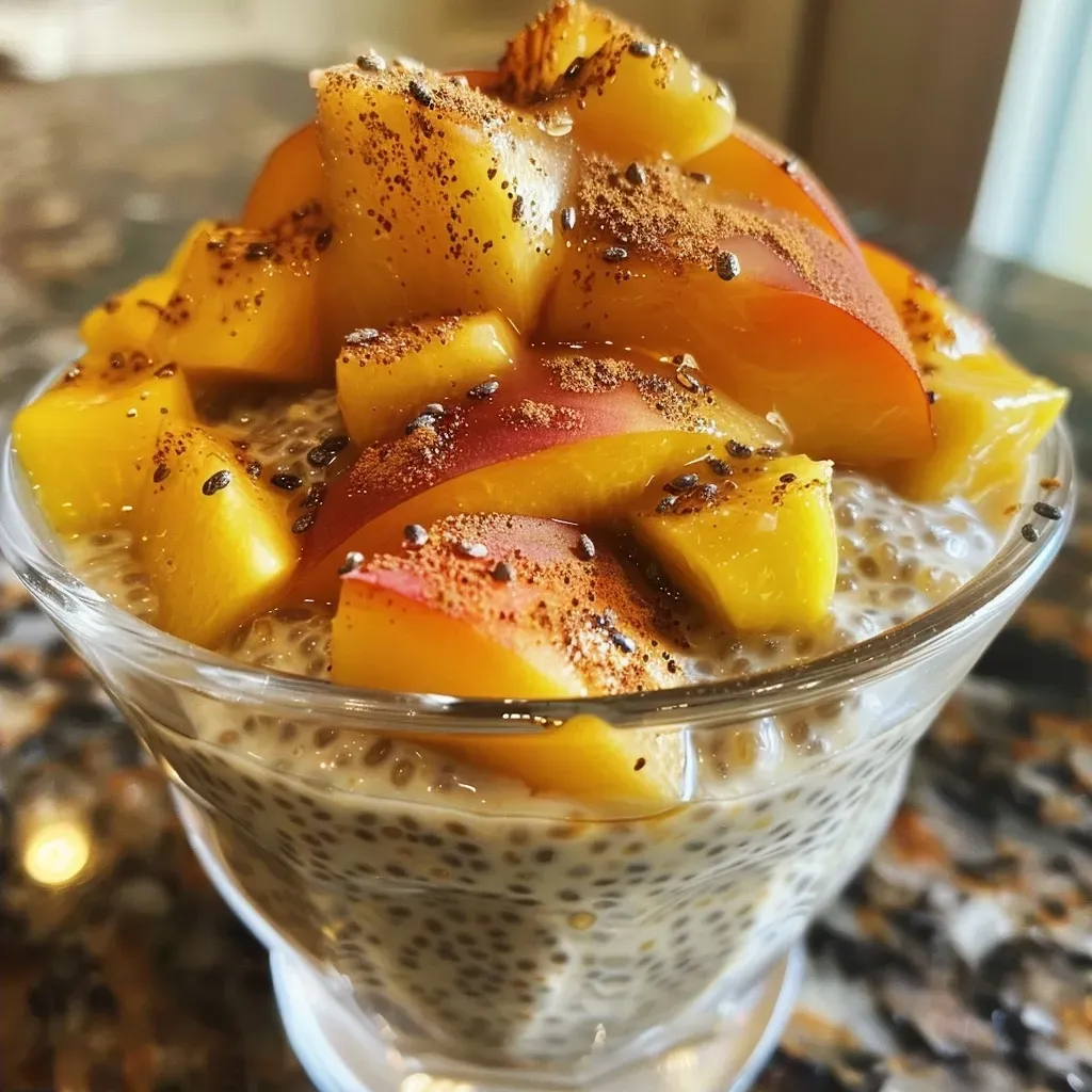 ['Close-up of a creamy chia seed peach pudding in a bowl.', 'Side view of peach pudding with chia seeds, garnished with diced peaches.', 'Juicy chia seed pudding featuring fresh peach pieces and creamy texture.', 'Delicious chia pudding made with peaches, honey, and a sprinkle of cinnamon.']