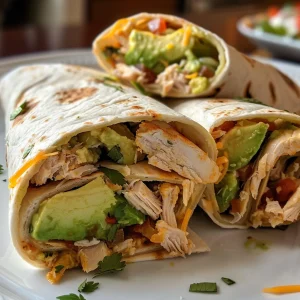 A delicious Chicken and Avocado Burrito, sliced to show juicy filling, garnished with fresh cilantro.