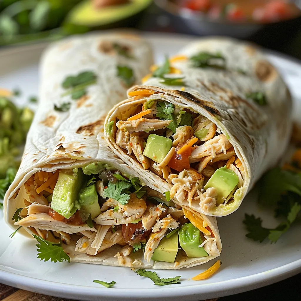 Close-up of a vibrant Chicken and Avocado Burrito, displaying shredded chicken, diced avocado, and melted cheese.