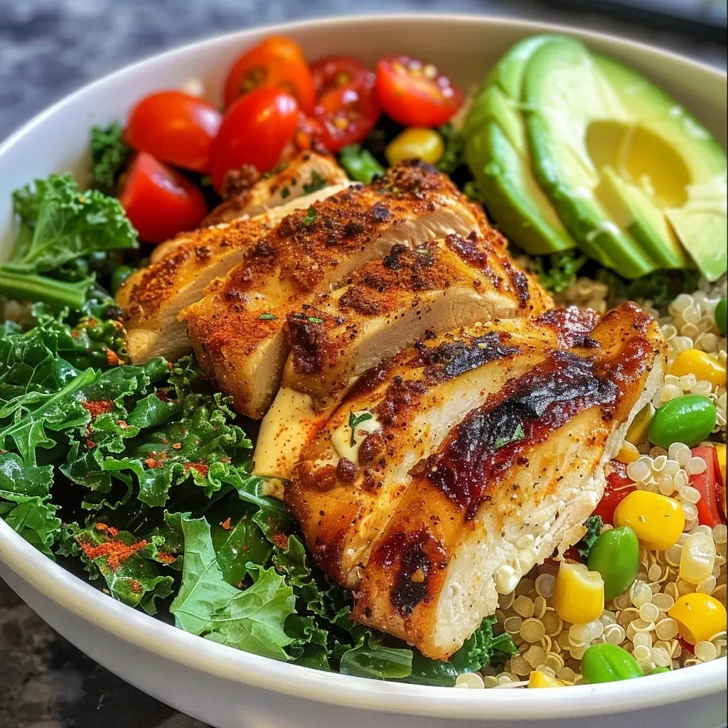 A detailed shot of a colorful Chicken Ranch Kale & Quinoa Bowl featuring fresh ingredients.