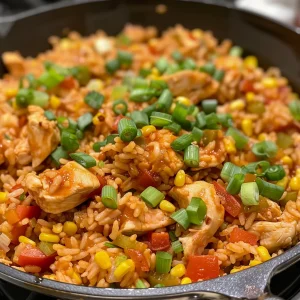 Close-up of a bowl filled with Chicken Taco Rice, showcasing colorful ingredients and textures.
